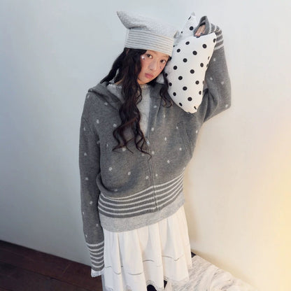 ドットフーデッド ジップニットカーディガン GREY 01