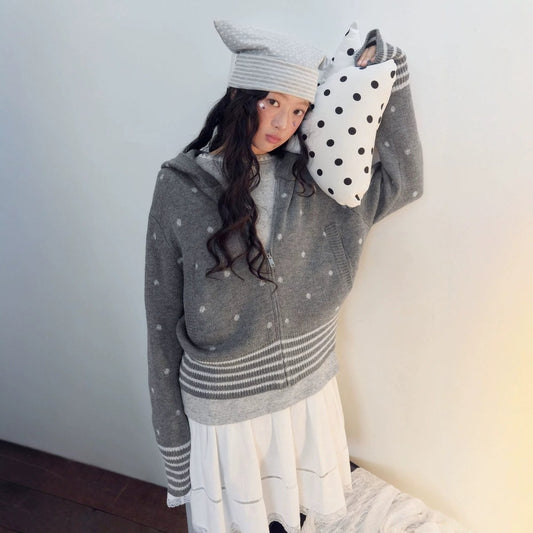 ドットフーデッド ジップニットカーディガン GREY 01