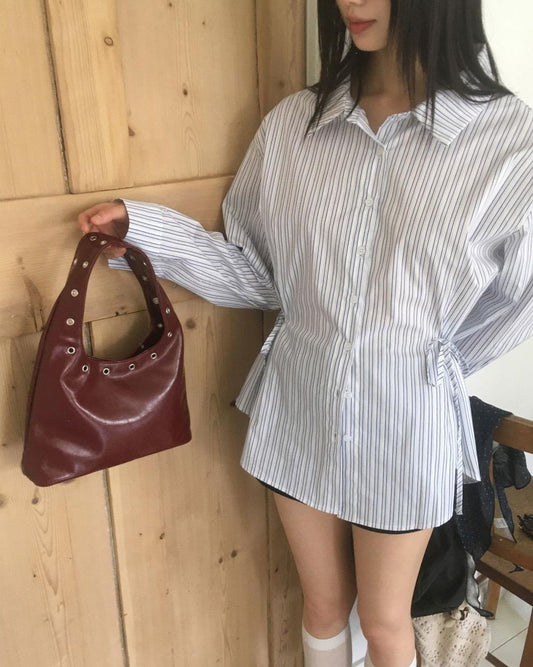 サイドリボン ストライプウエストシェイプシャツ COLOR:WHITE STRIPE