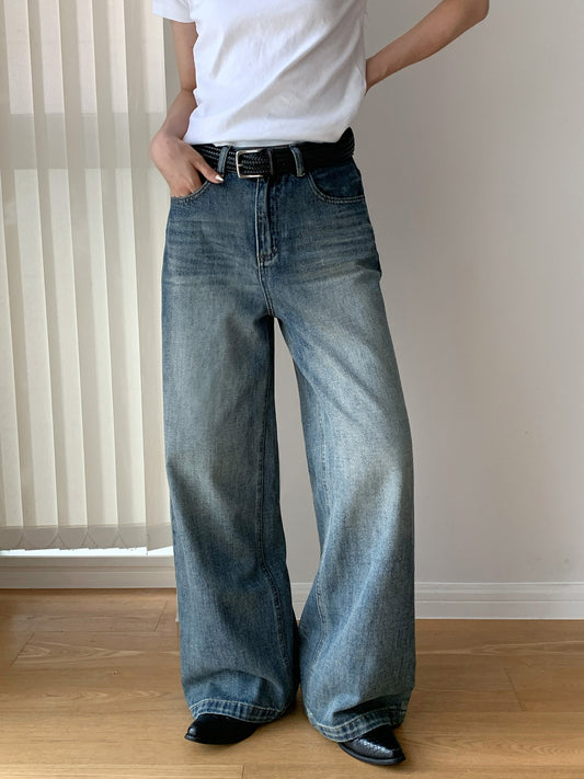 ヴィンテージウォッシュ ワイドデニムパンツ COLOR:GREY BLUE