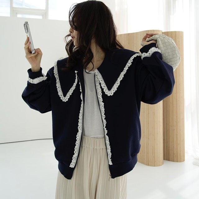 フリルカラー ボアスウェットジャケット COLOR:NAVY