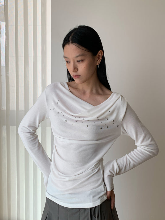 ラインストーン ドレープネックロングスリーブトップス COLOR:IVORY