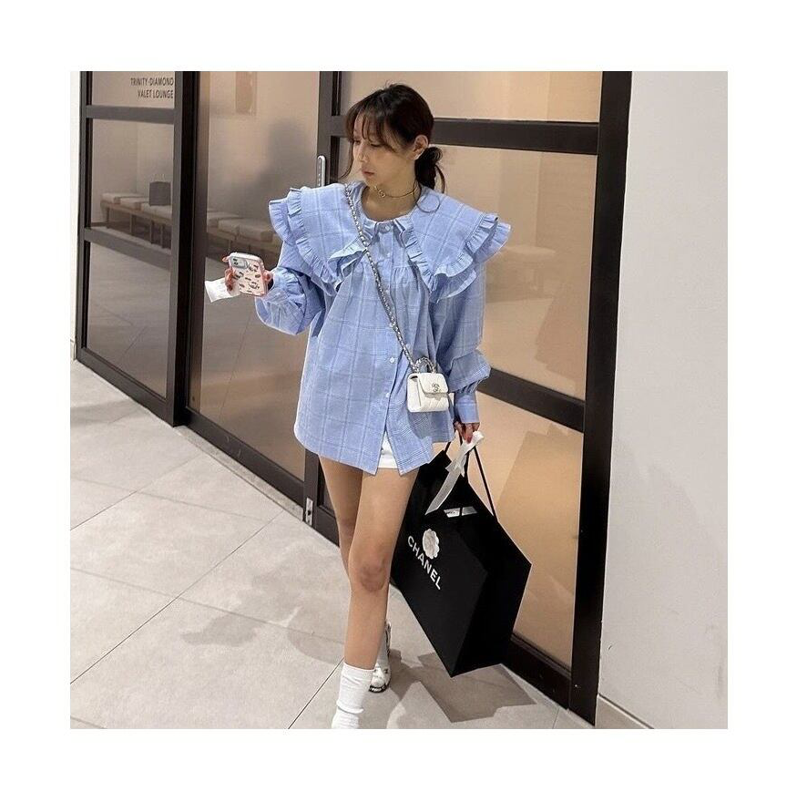 ラッフルカラー ギンガムチェックブラウス LIGHT BLUE CHECK 02