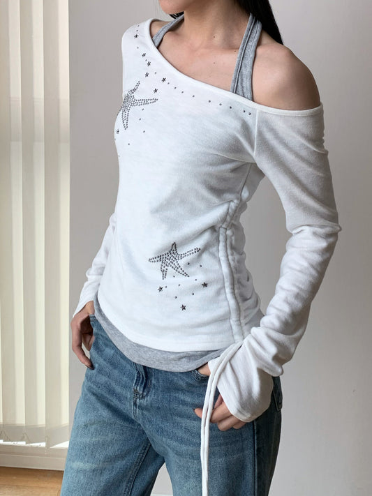 ラインストーンスター オフショルダーレイヤードトップス COLOR:WHITE