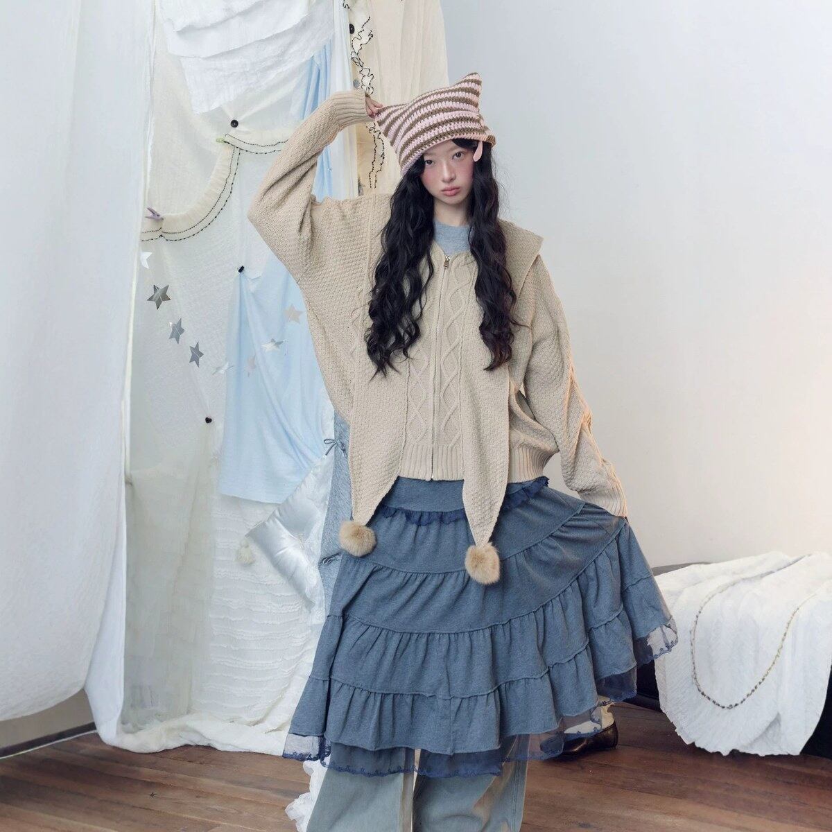 ポンポンドローコード ケーブルフーデッドニットカーディガン KHAKI 02