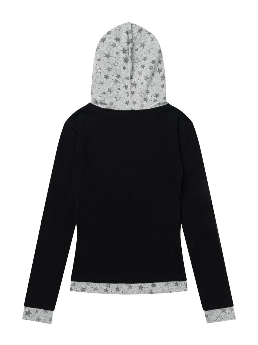 スタープリント レイヤードフーデッドトップス BLACK 02