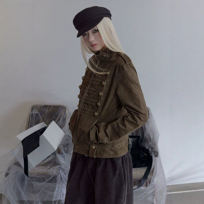ダブルブレスト スタンドカラーデニムジャケット BROWN 02