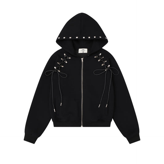 スタッズストラップ クロップドジップフーディー COLOR:BLACK