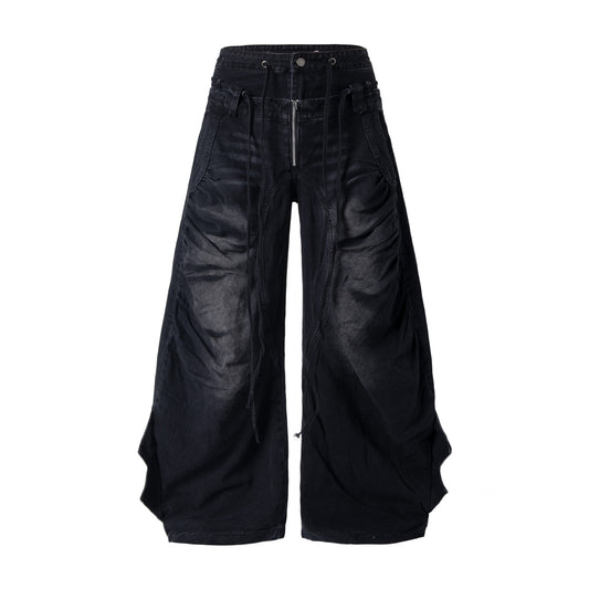 アシンメトリーレイヤード ワイドデニムパンツ COLOR:BLACK