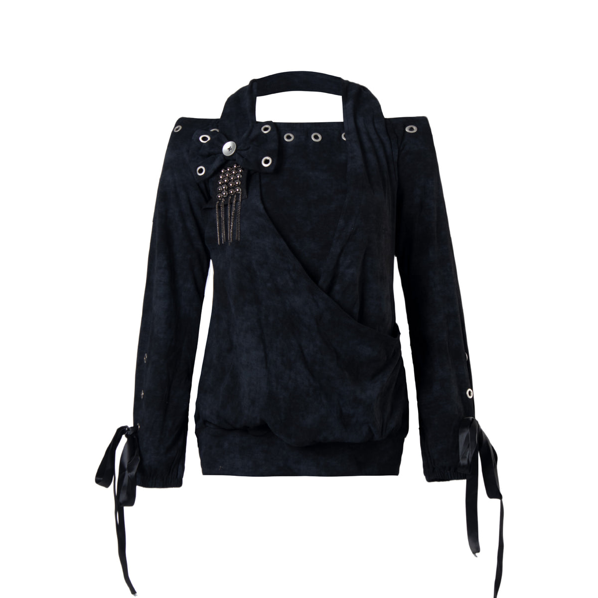 ホルターレイヤード カットアウトロングスリーブトップス COLOR:BLACK