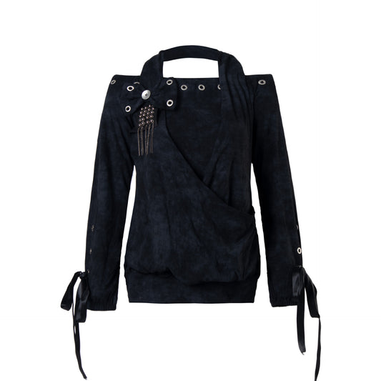 ホルターレイヤード カットアウトロングスリーブトップス COLOR:BLACK