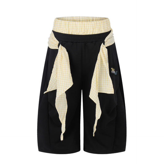 レイヤードウエスト チェックワイドハーフパンツ COLOR:BLACK