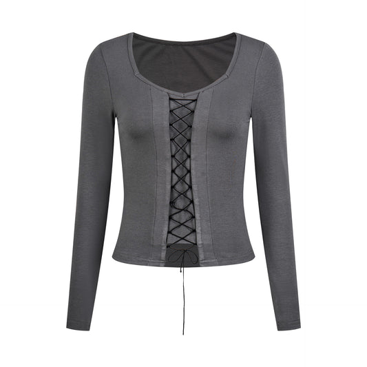 スクエアネック レースアップクロップドトップス COLOR:GRAY