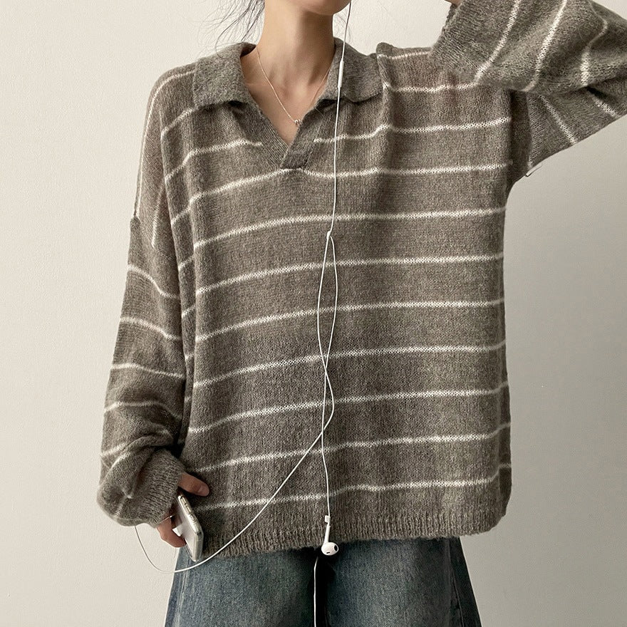 スキッパーカラー ボーダーニットプルオーバー COLOR:GREY STRIPE