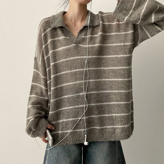 スキッパーカラー ボーダーニットプルオーバー COLOR:GREY STRIPE