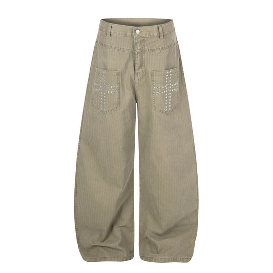 ラインストーンクロス ワイドカーブパンツ COLOR:KHAKI