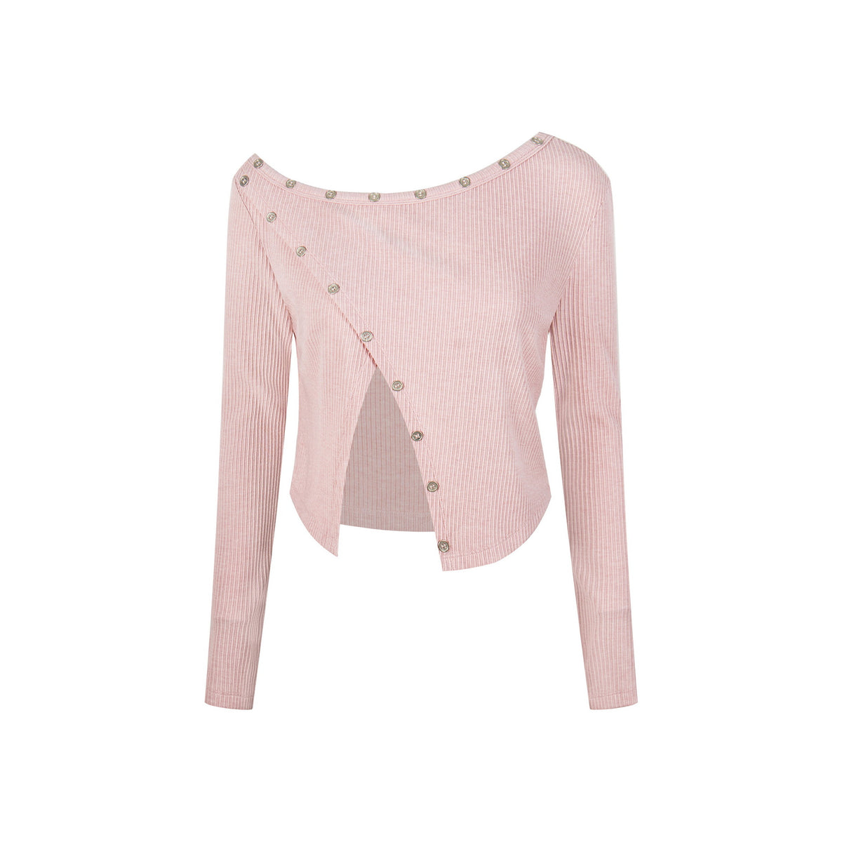 アシンメトリーボタン スクエアネックニットトップス COLOR:PINK