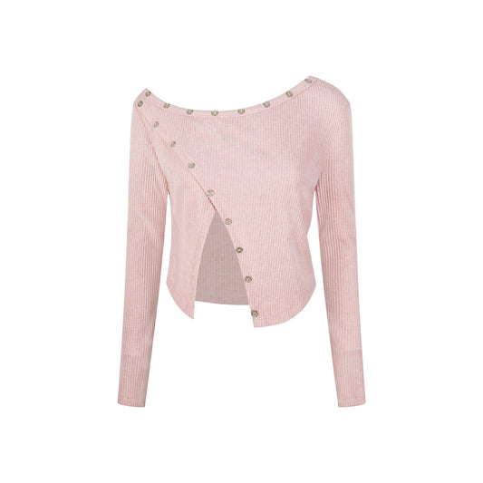 アシンメトリーボタン スクエアネックニットトップス COLOR:PINK
