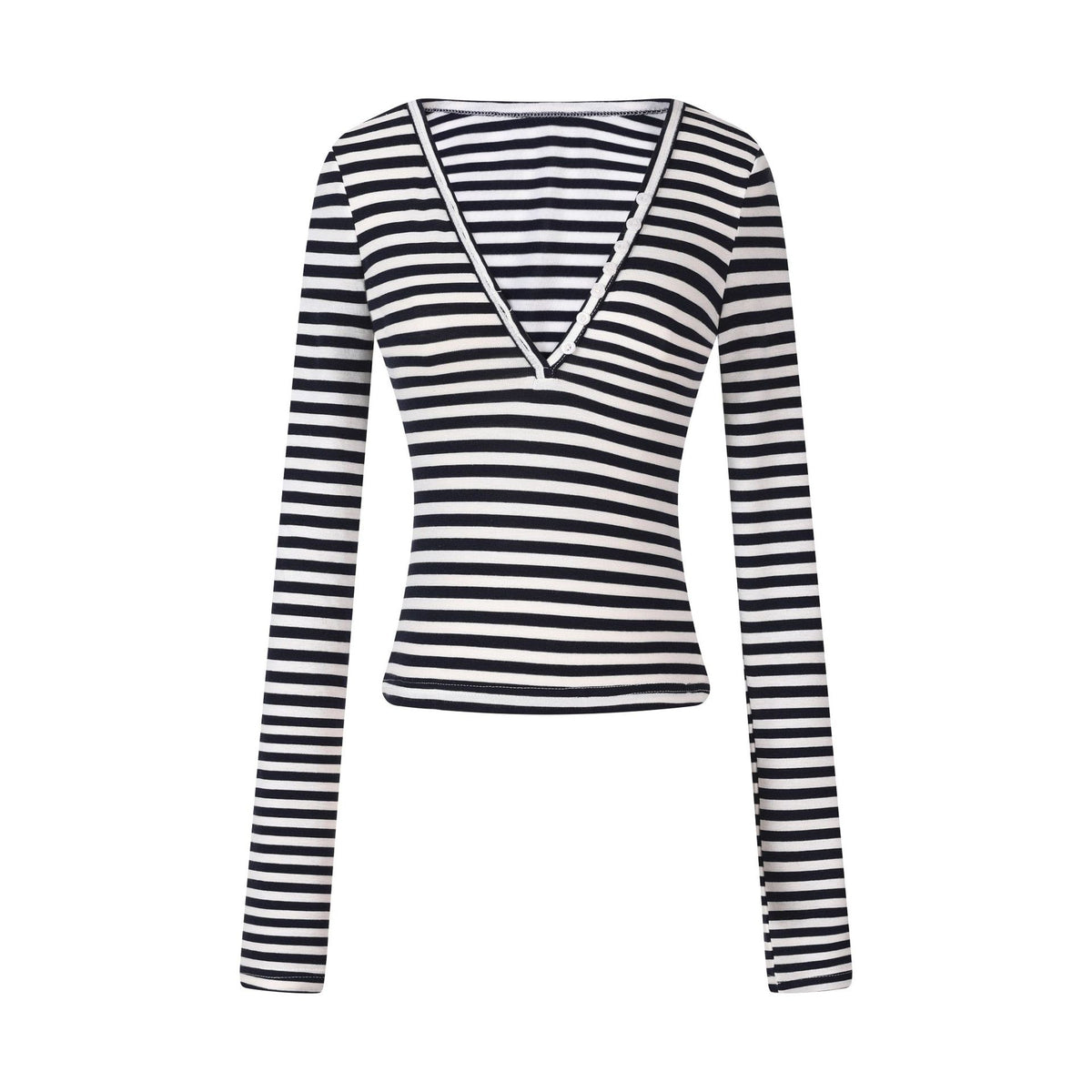 コントラストボーダー Vネッククロップドトップス COLOR:WHITE