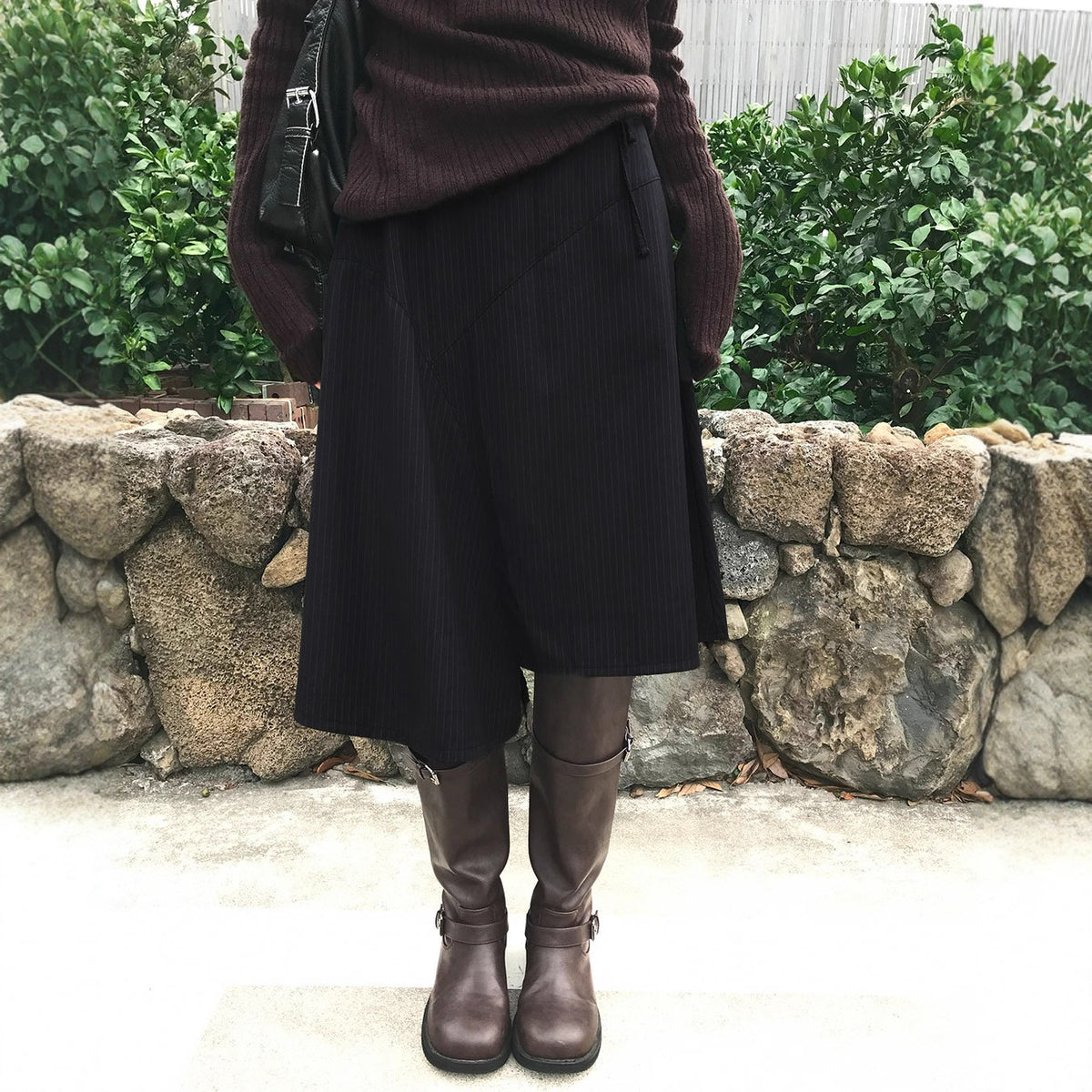 アシンメトリー ボーダードローストリングスカート COLOR:BLACK