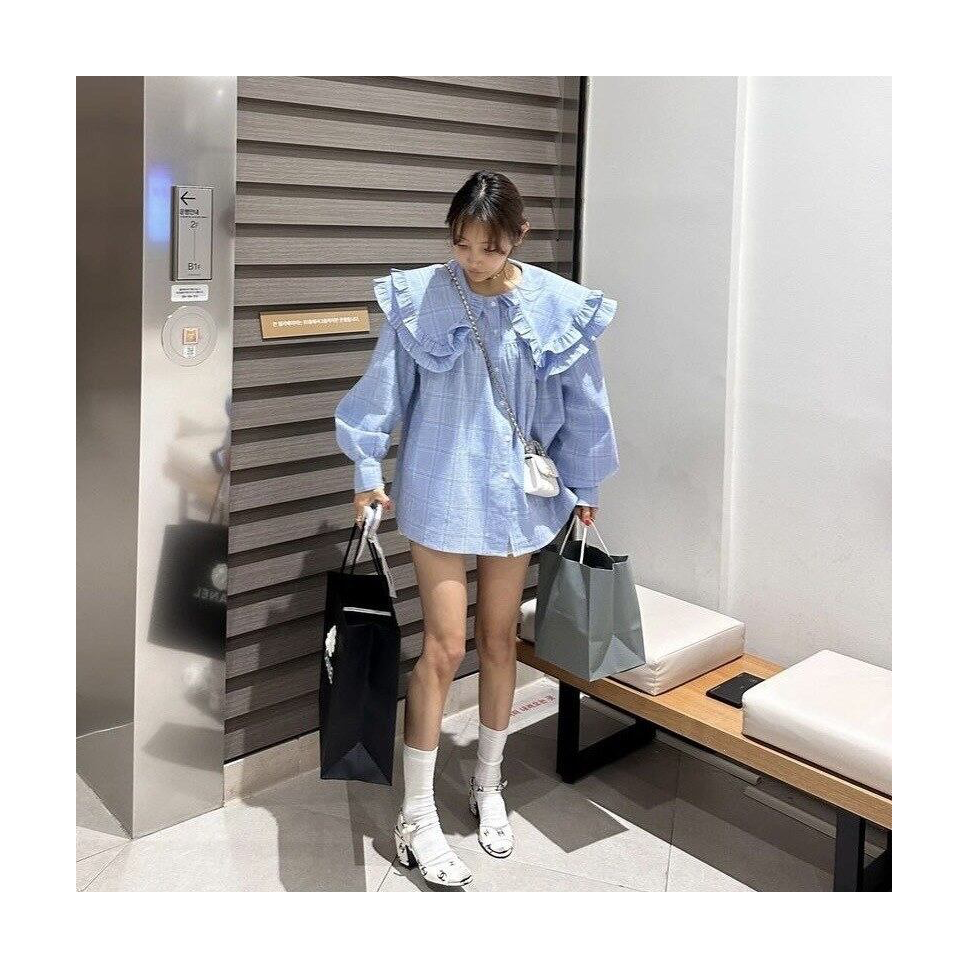ラッフルカラー ギンガムチェックブラウス LIGHT BLUE CHECK 03