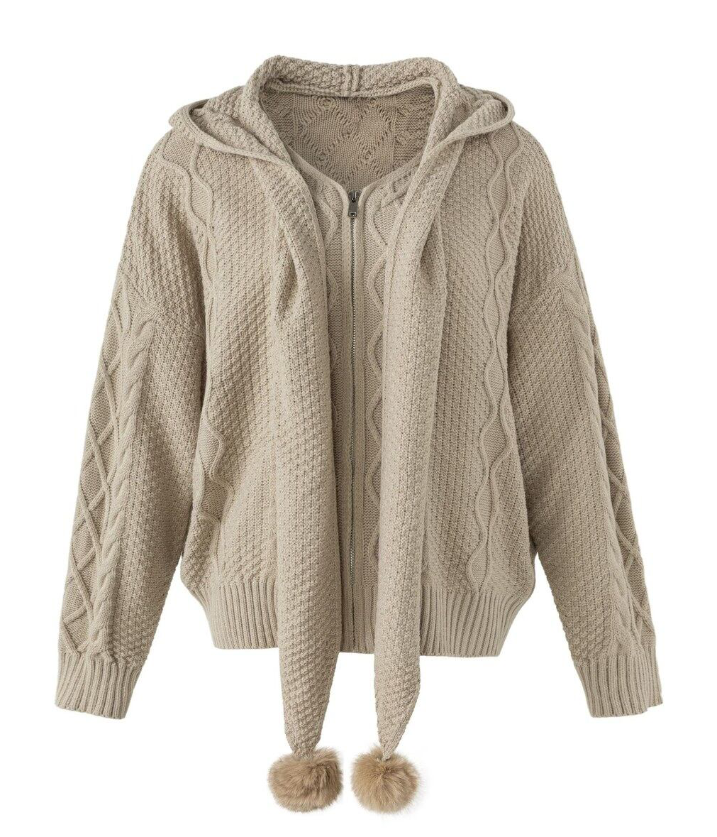 ポンポンドローコード ケーブルフーデッドニットカーディガン KHAKI 03