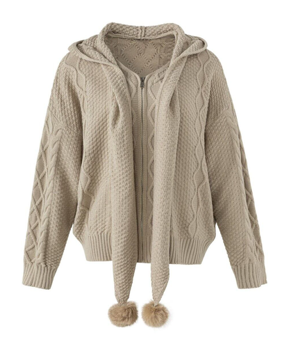 ポンポンドローコード ケーブルフーデッドニットカーディガン KHAKI 03