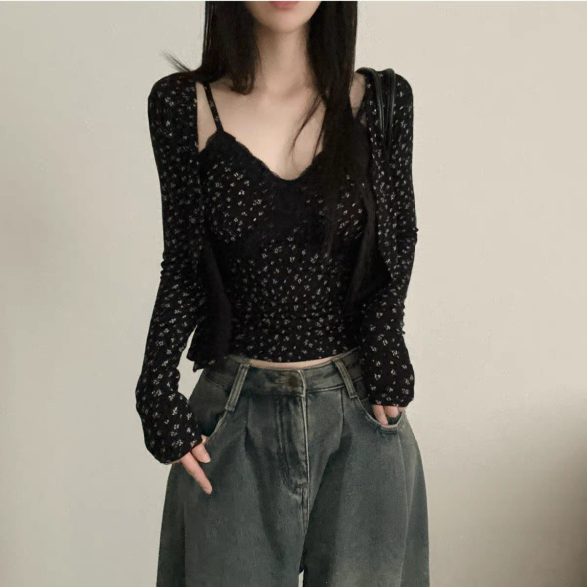 フラワーレース キャミソールカーディガンセット COLOR:BLACK