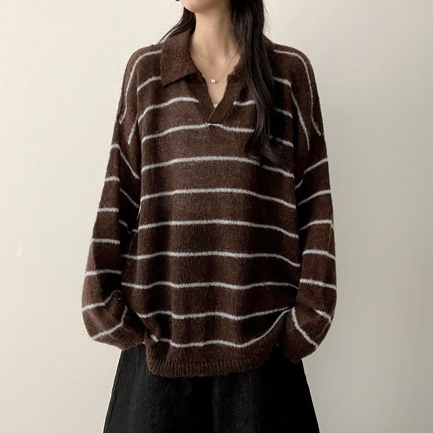 スキッパーカラー ボーダーニットプルオーバー COLOR:BROWN STRIPE