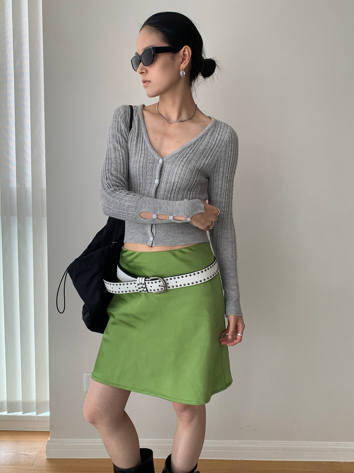 カットアウトジャカード ショートニットカーディガン COLOR:GREY