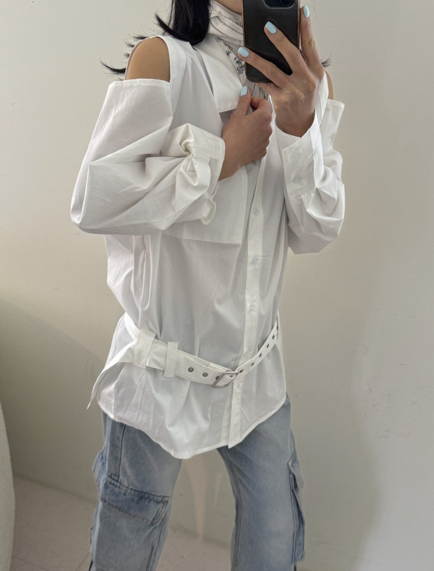 ベルテッド オフショルダーシャツ COLOR:WHITE