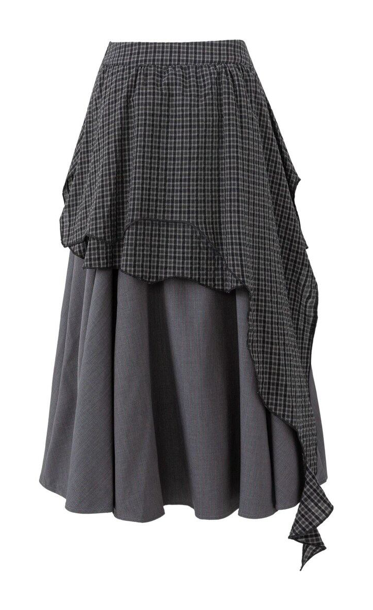 チェックレイヤード アシンメトリーロングスカート DARK GREY 03
