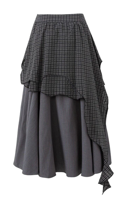 チェックレイヤード アシンメトリーロングスカート DARK GREY 03