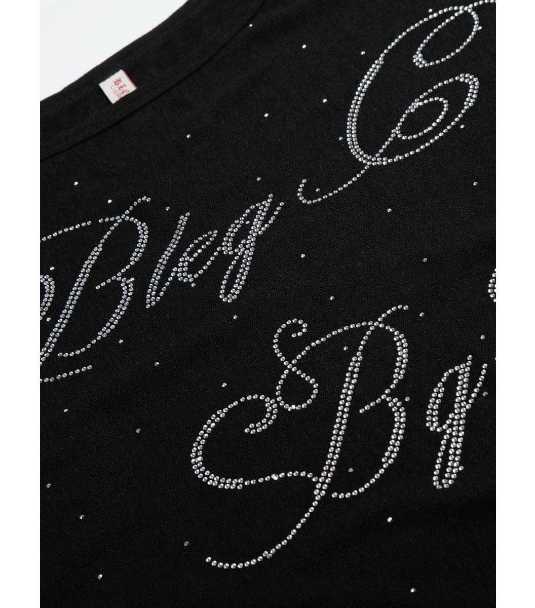 ラインストーン ドローストリングワンショルダートップス BLACK 03