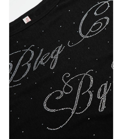 ラインストーン ドローストリングワンショルダートップス BLACK 03