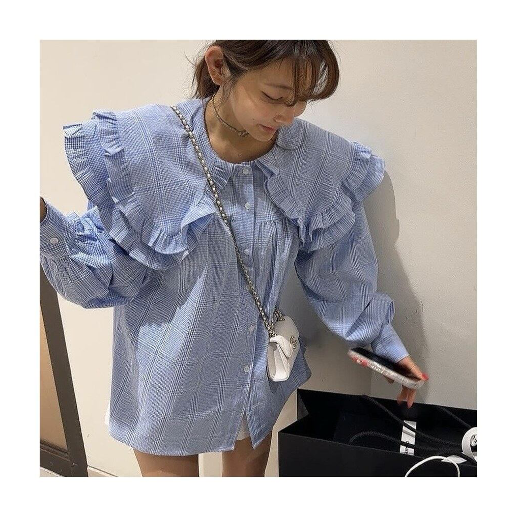 ラッフルカラー ギンガムチェックブラウス LIGHT BLUE CHECK 04