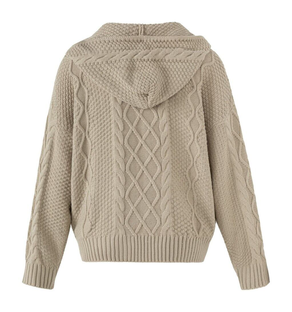 ポンポンドローコード ケーブルフーデッドニットカーディガン KHAKI 04