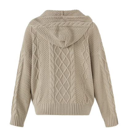 ポンポンドローコード ケーブルフーデッドニットカーディガン KHAKI 04