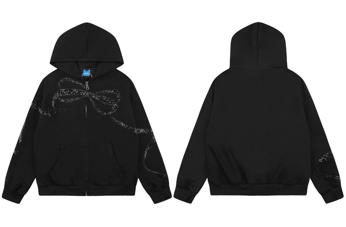スパンコールリボン パッチジップフーディー BLACK 04