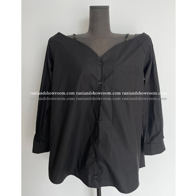 ショルダーストラップ オフショルダーストライプシャツ COLOR:BLACK