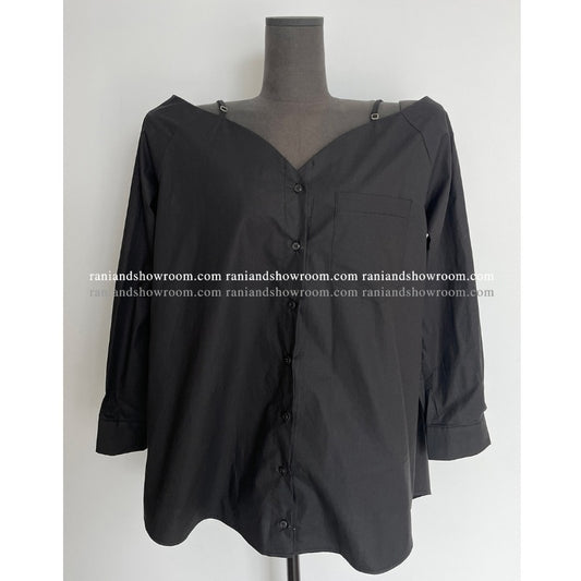 ショルダーストラップ オフショルダーストライプシャツ COLOR:BLACK