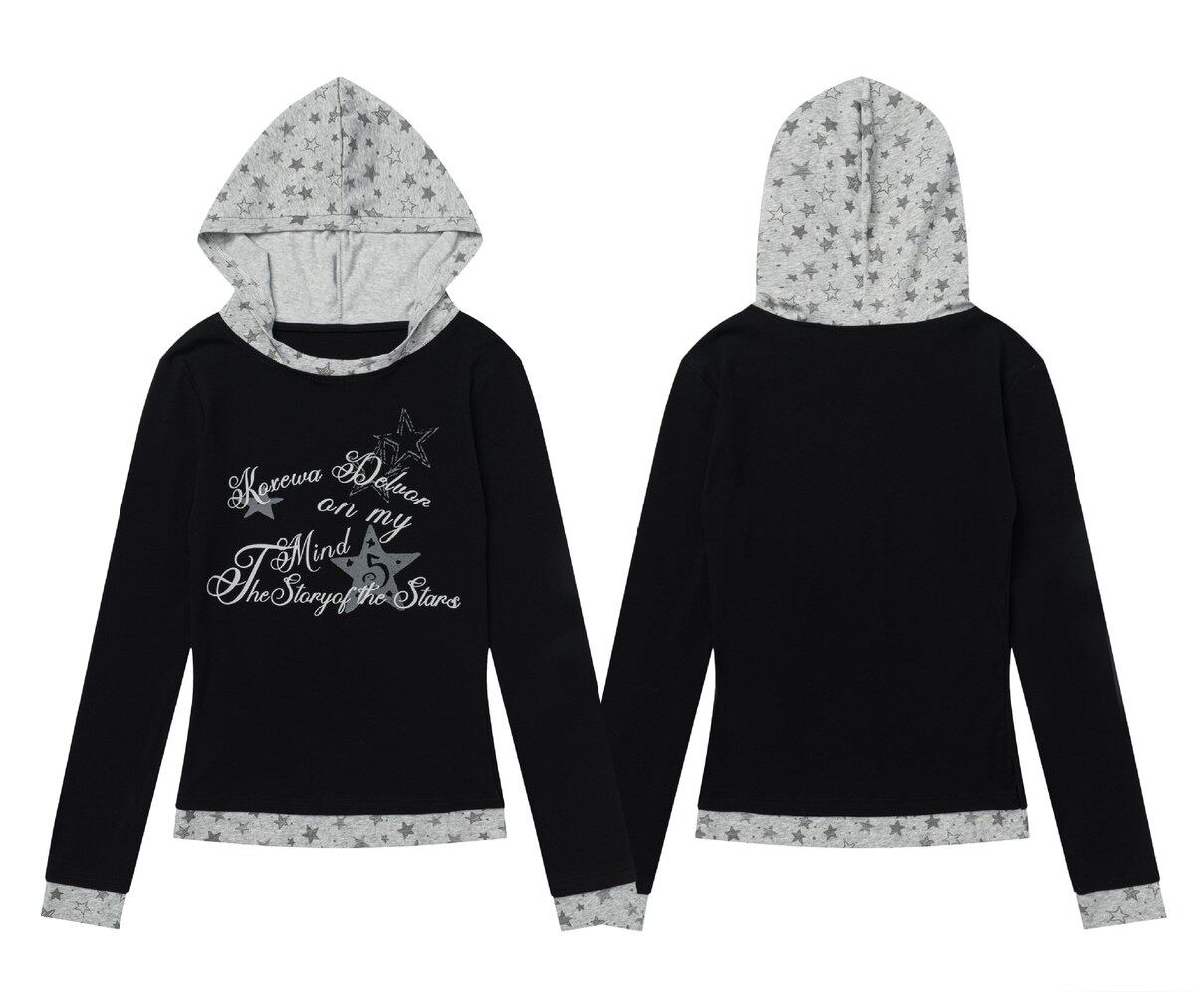 スタープリント レイヤードフーデッドトップス BLACK 04