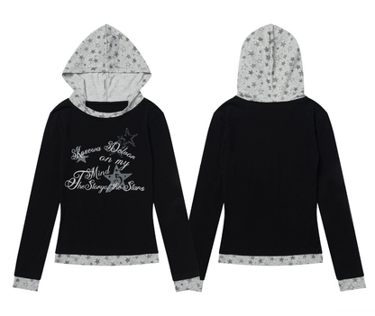 スタープリント レイヤードフーデッドトップス BLACK 04