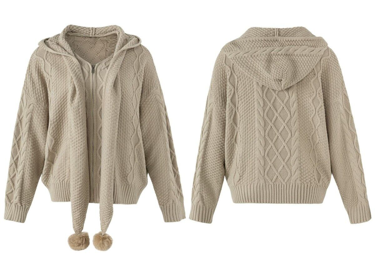 ポンポンドローコード ケーブルフーデッドニットカーディガン KHAKI 05