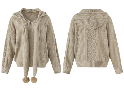 ポンポンドローコード ケーブルフーデッドニットカーディガン KHAKI 05