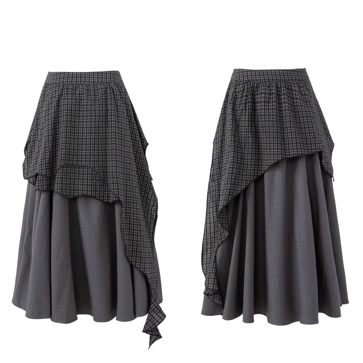 チェックレイヤード アシンメトリーロングスカート DARK GREY 05