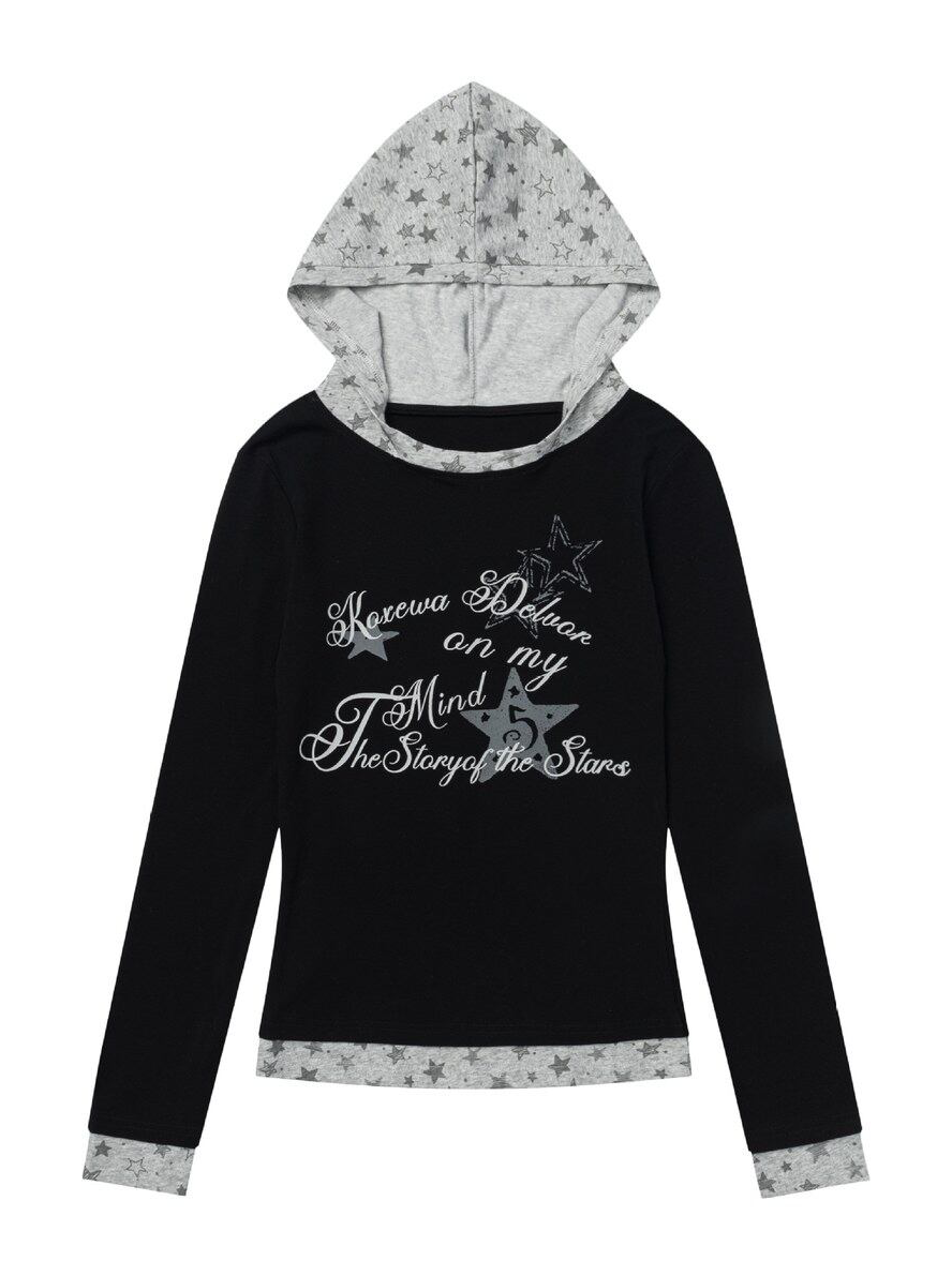 スタープリント レイヤードフーデッドトップス BLACK 05
