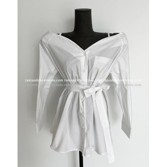 ショルダーストラップ オフショルダーストライプシャツ COLOR:WHITE