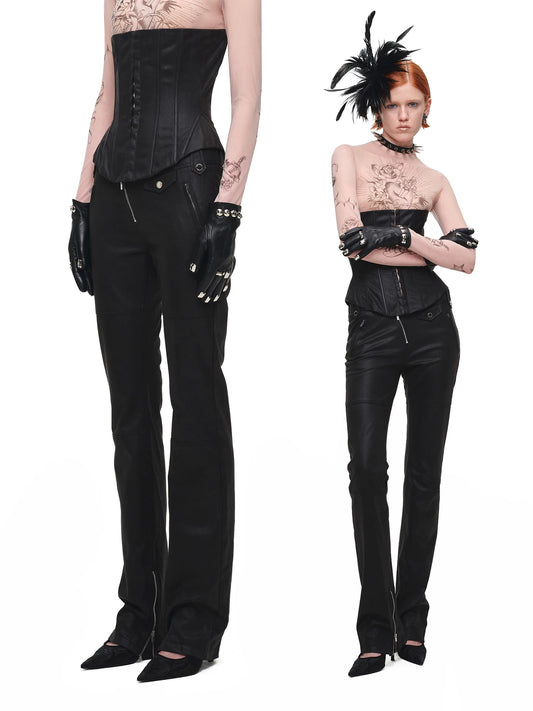 ウォッシュ加工 スリムフレアパンツ｜1JINN STUDIO｜着用画像