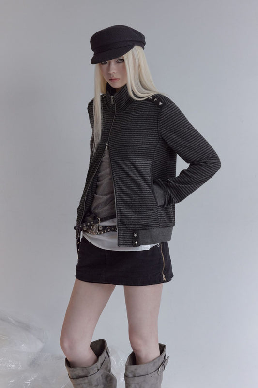 スタッズストライプ スタンドカラージップジャケット styling 13